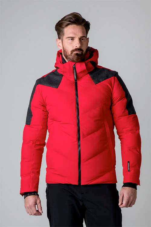 Man wearing a red Capranea ski jacket in Vail